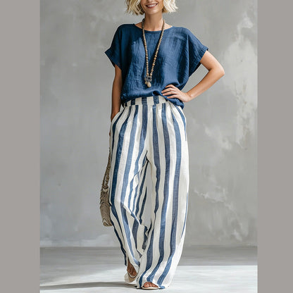 Women's Casual Solid Top & Striped Wide-Leg Pants