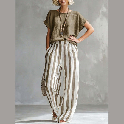Women's Casual Solid Top & Striped Wide-Leg Pants