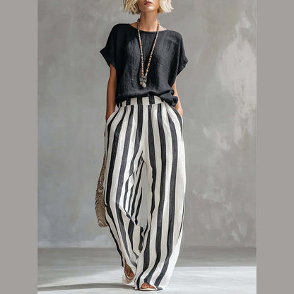 Women's Casual Solid Top & Striped Wide-Leg Pants