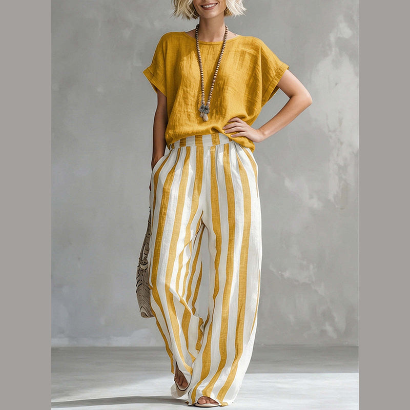 Women's Casual Solid Top & Striped Wide-Leg Pants