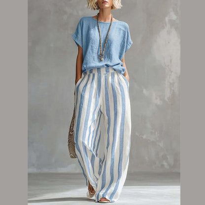 Women's Casual Solid Top & Striped Wide-Leg Pants