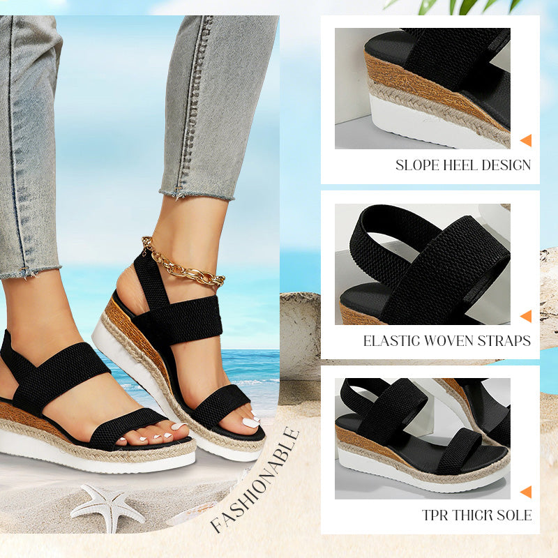 Women's Woven Elastic Strap Thick Bottom Wedge Sandals