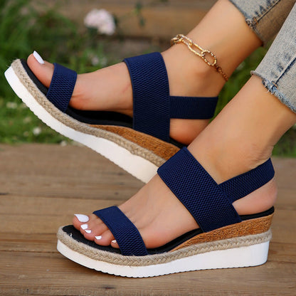 Women's Woven Elastic Strap Thick Bottom Wedge Sandals