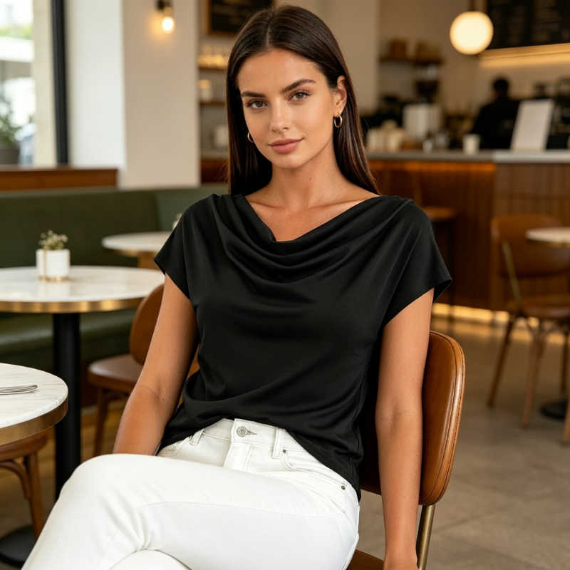 👕 LIMITED-TIME 50% OFF! ✨ Women's Cowl Neck Top – Cap Sleeve, Draped, Soft Fabric 🌸