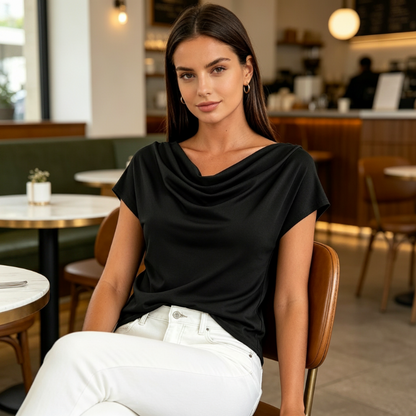 👕 LIMITED-TIME 50% OFF! ✨ Women's Cowl Neck Top – Cap Sleeve, Draped, Soft Fabric 🌸