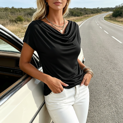 👕 LIMITED-TIME 50% OFF! ✨ Women's Cowl Neck Top – Cap Sleeve, Draped, Soft Fabric 🌸