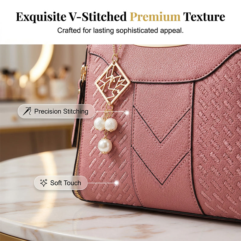 🥳New Arrival 50% OFF👜Women's V-Stitched Satchel – Gold Hardware, Multi-Compartment, Top-Handle 🌸