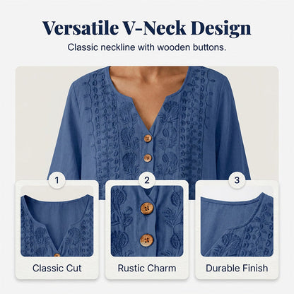 Women's Embroidered V-Neck Linen Dress