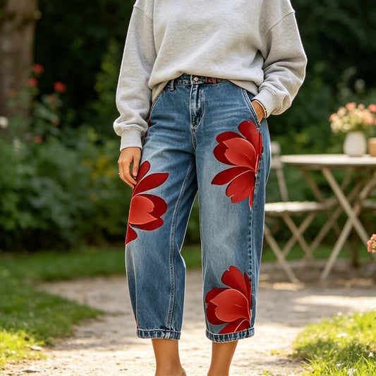 🥳 59% OFF! 🥳 Artistic Flower Wide-Leg Jeans for Women