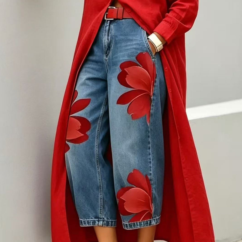 🥳 59% OFF! 🥳 Artistic Flower Wide-Leg Jeans for Women