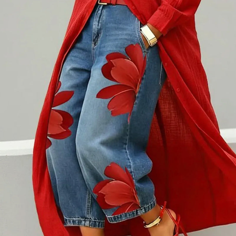 🥳 59% OFF! 🥳 Artistic Flower Wide-Leg Jeans for Women