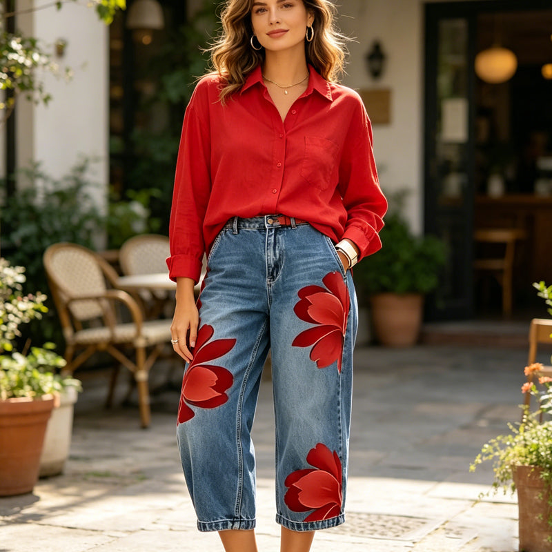 🥳 59% OFF! 🥳 Artistic Flower Wide-Leg Jeans for Women
