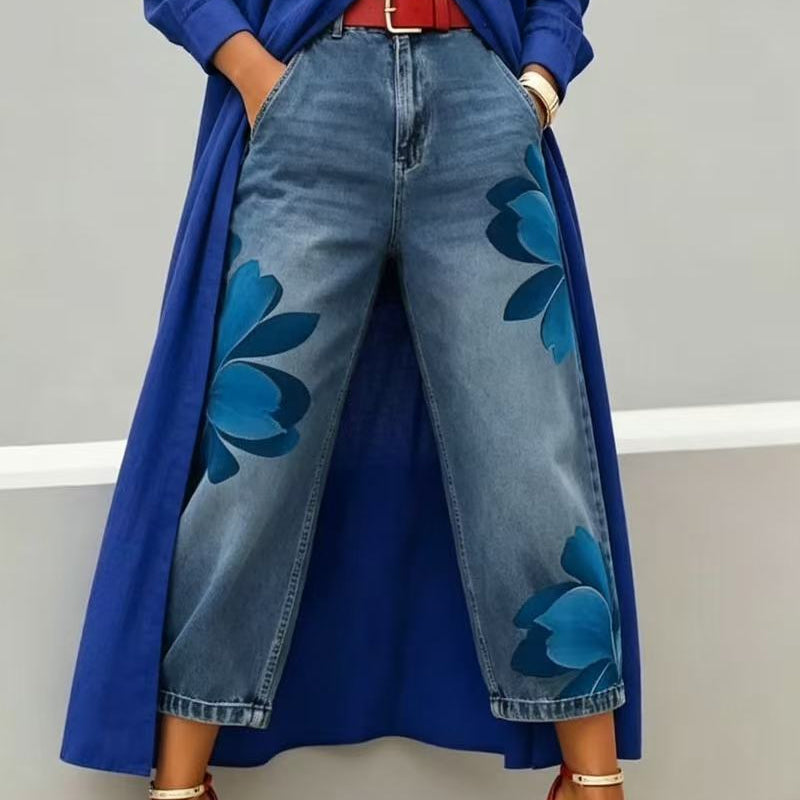 🥳 59% OFF! 🥳 Artistic Flower Wide-Leg Jeans for Women