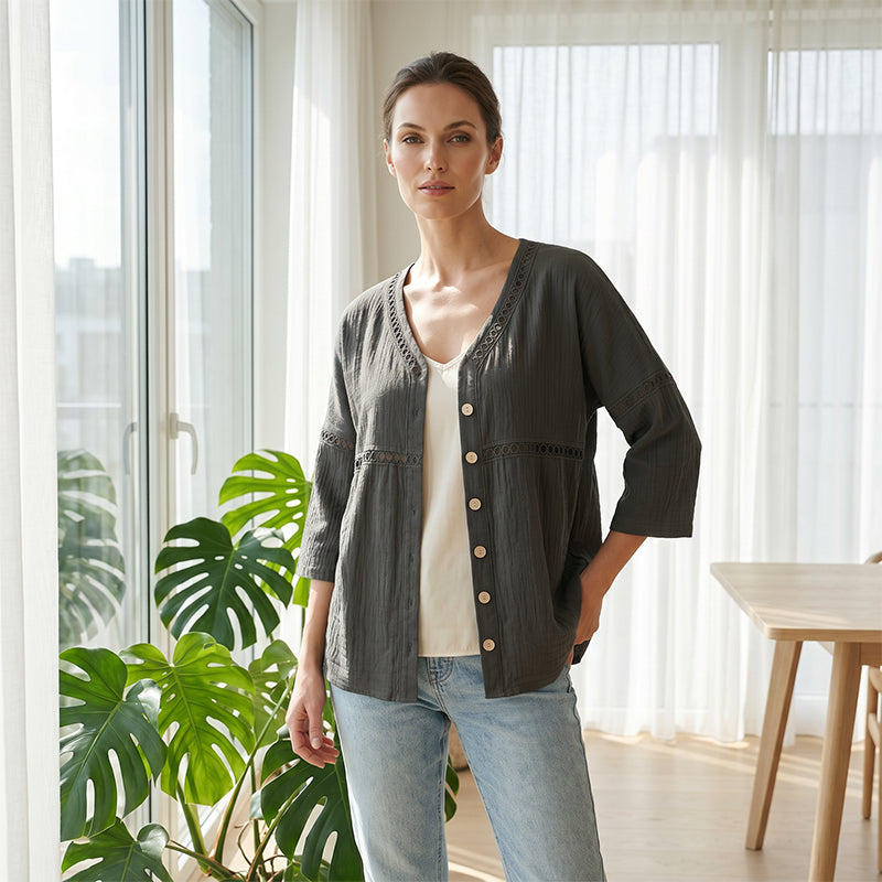 Women's V-Neck Lace Trim Button-Down Blouse