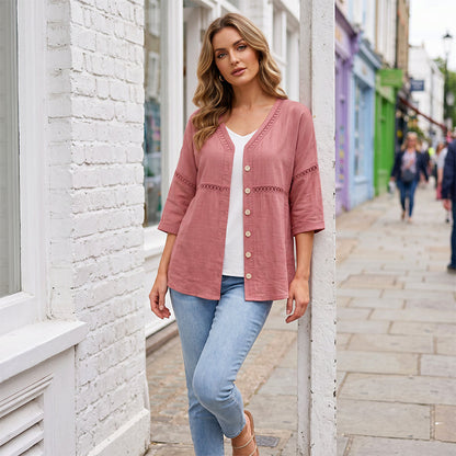 Women's V-Neck Lace Trim Button-Down Blouse