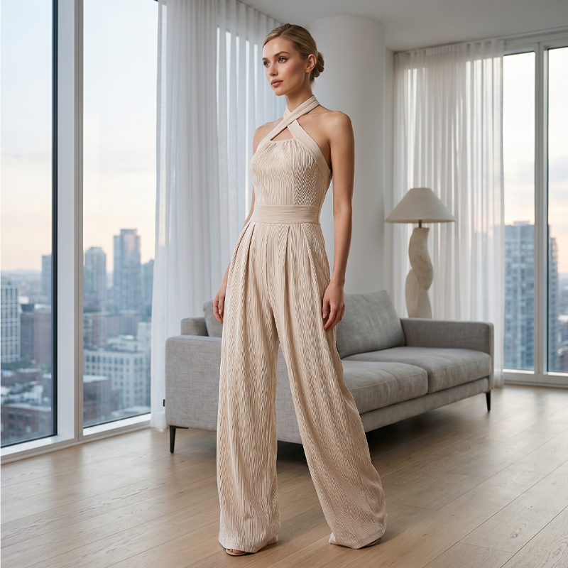 👗 LIMITED-TIME 50% OFF! ✨ Elegant Criss-Cross Halter Neck Jumpsuit – Chic, Flowy, Versatile 🌸