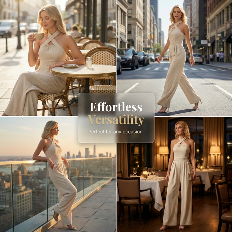 👗 LIMITED-TIME 50% OFF! ✨ Elegant Criss-Cross Halter Neck Jumpsuit – Chic, Flowy, Versatile 🌸