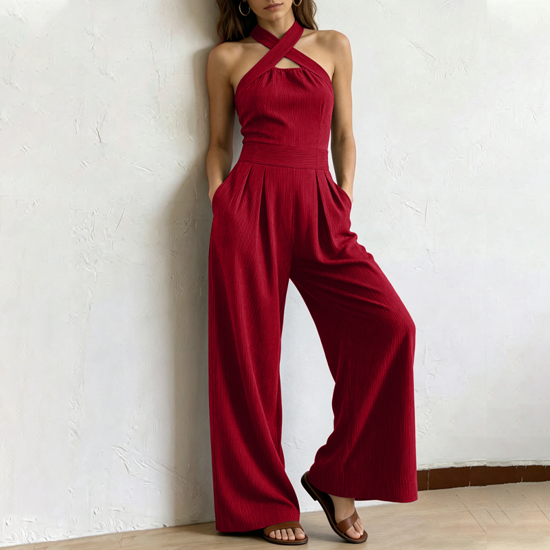 👗 LIMITED-TIME 50% OFF! ✨ Elegant Criss-Cross Halter Neck Jumpsuit – Chic, Flowy, Versatile 🌸