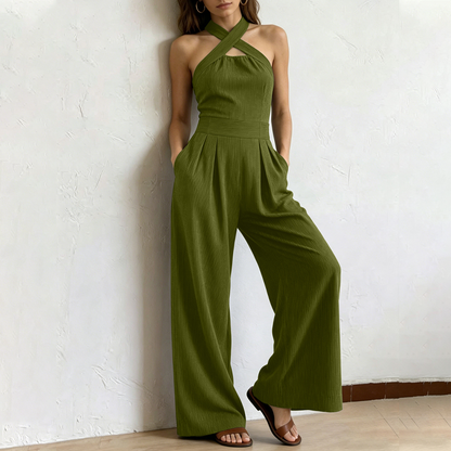 👗 LIMITED-TIME 50% OFF! ✨ Elegant Criss-Cross Halter Neck Jumpsuit – Chic, Flowy, Versatile 🌸