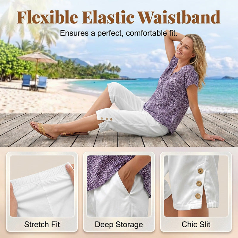 Women's Summer 3/4 Length Pants with Button Detail