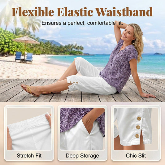 Women's Summer 3/4 Length Pants with Button Detail