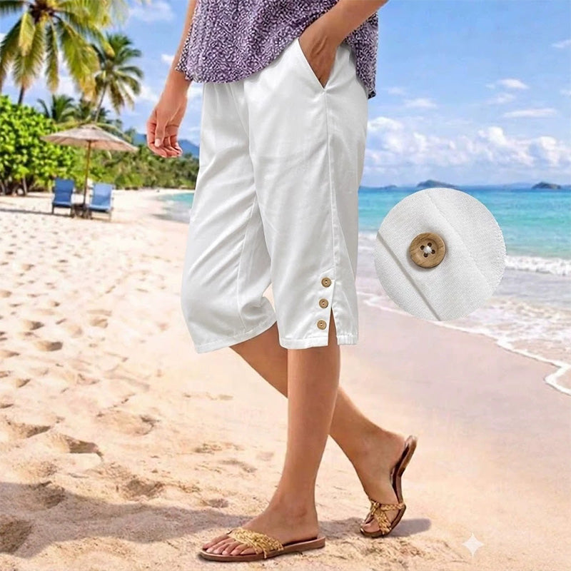 Women's Summer 3/4 Length Pants with Button Detail