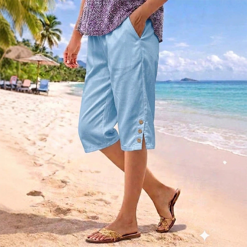 Women's Summer 3/4 Length Pants with Button Detail