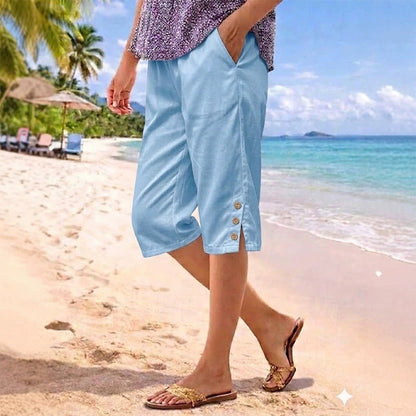 Women's Summer 3/4 Length Pants with Button Detail