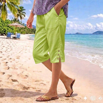 Women's Summer 3/4 Length Pants with Button Detail
