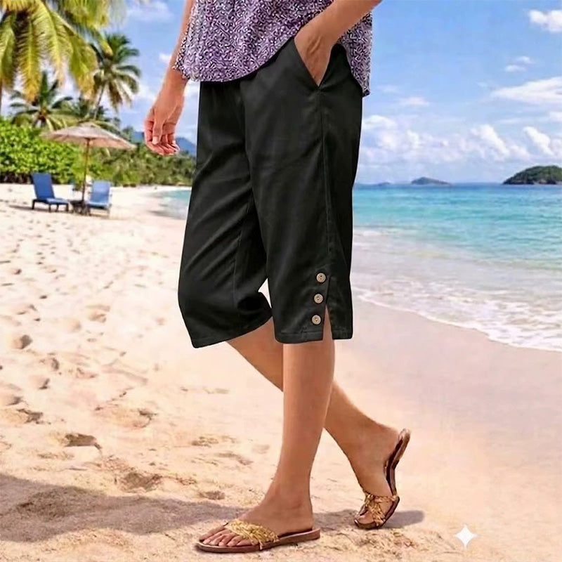 Women's Summer 3/4 Length Pants with Button Detail