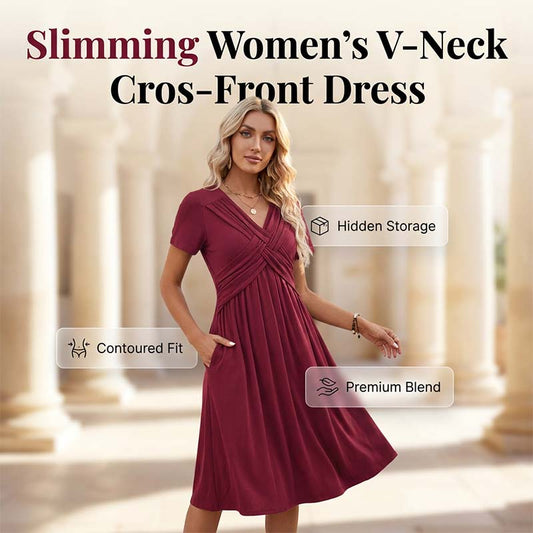 Women's V-Neck Cross-Front Pleated Dress