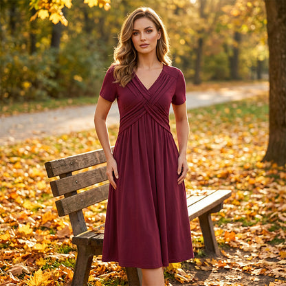 Women's V-Neck Cross-Front Pleated Dress