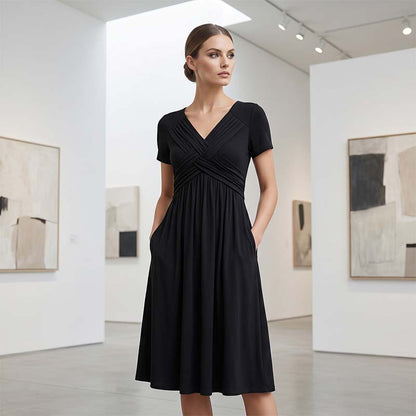Women's V-Neck Cross-Front Pleated Dress