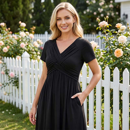 Women's V-Neck Cross-Front Pleated Dress