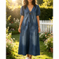 Loose Fit V Neck Tie Front Wide Leg Romper for Women