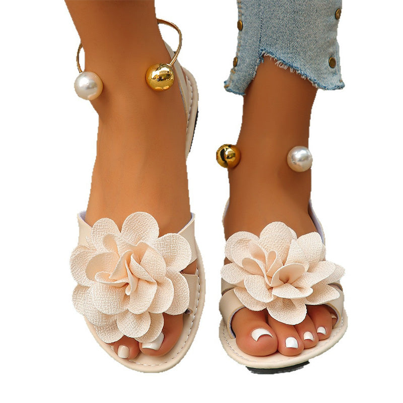 Women Flower Flat Sandals Metal Ankle Strap Summer Shoes