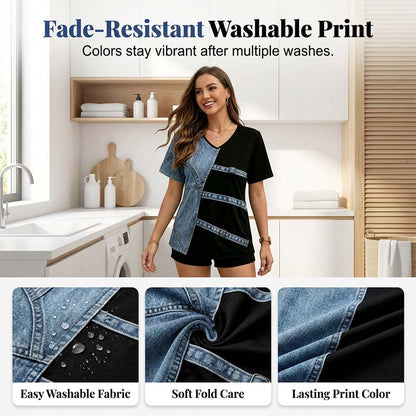 📢📢50% OFF !! ⏰Women‘s Chic Denim Print V-Neck Tee