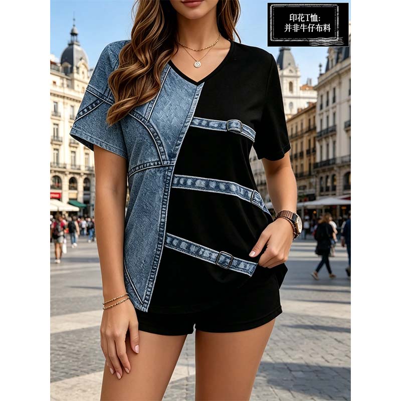 📢📢50% OFF !! ⏰Women‘s Chic Denim Print V-Neck Tee