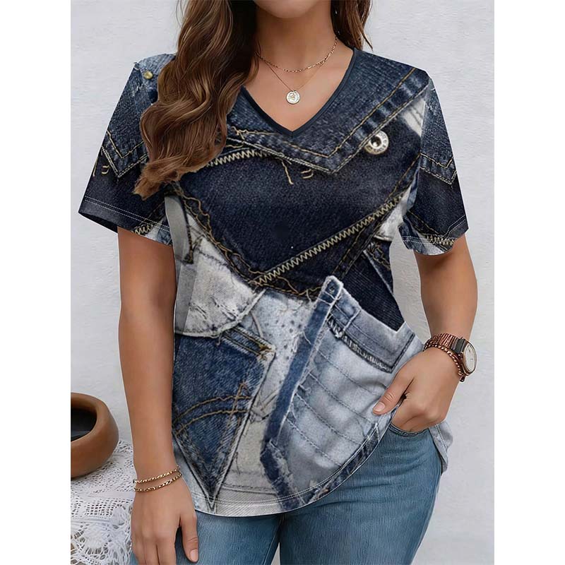 📢📢50% OFF !! ⏰Women‘s Chic Denim Print V-Neck Tee
