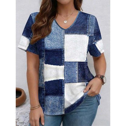 📢📢50% OFF !! ⏰Women‘s Chic Denim Print V-Neck Tee