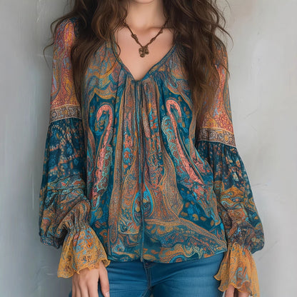 Elegant Bohemian Paisley Ruffled Blouse