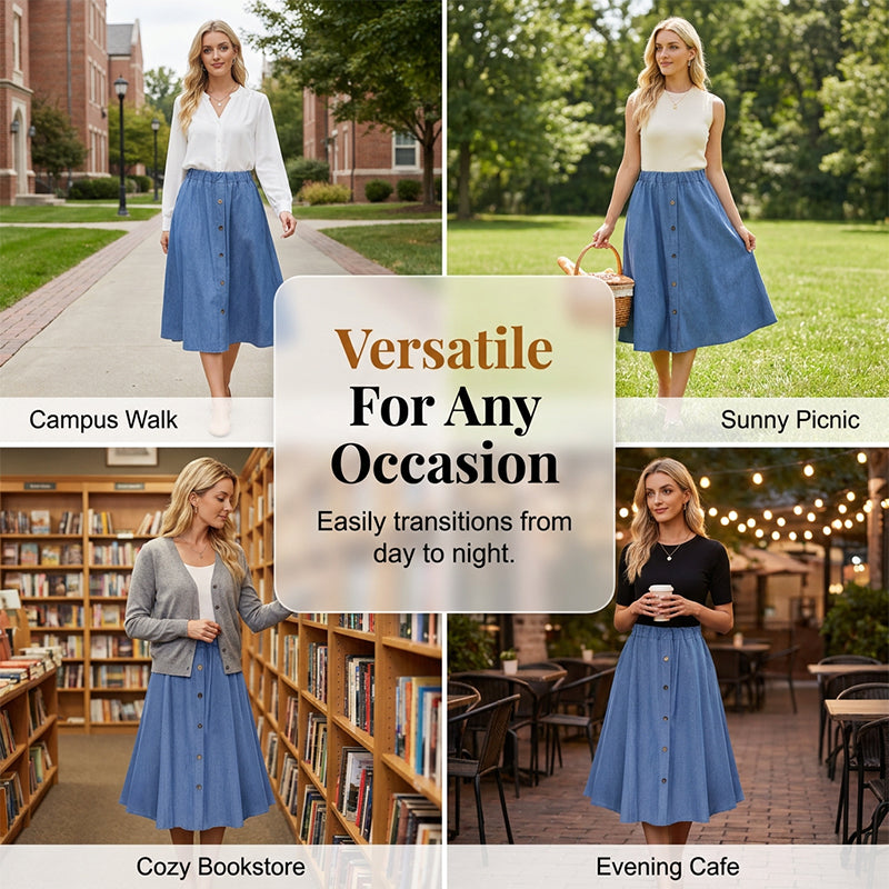 Women's Elastic High Waist Denim Midi Skirt
