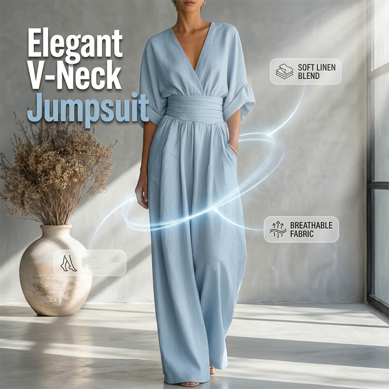 Women's V-Neck High Waist Wide Leg Jumpsuit