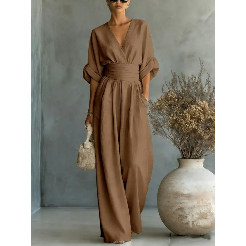 Women's V-Neck High Waist Wide Leg Jumpsuit