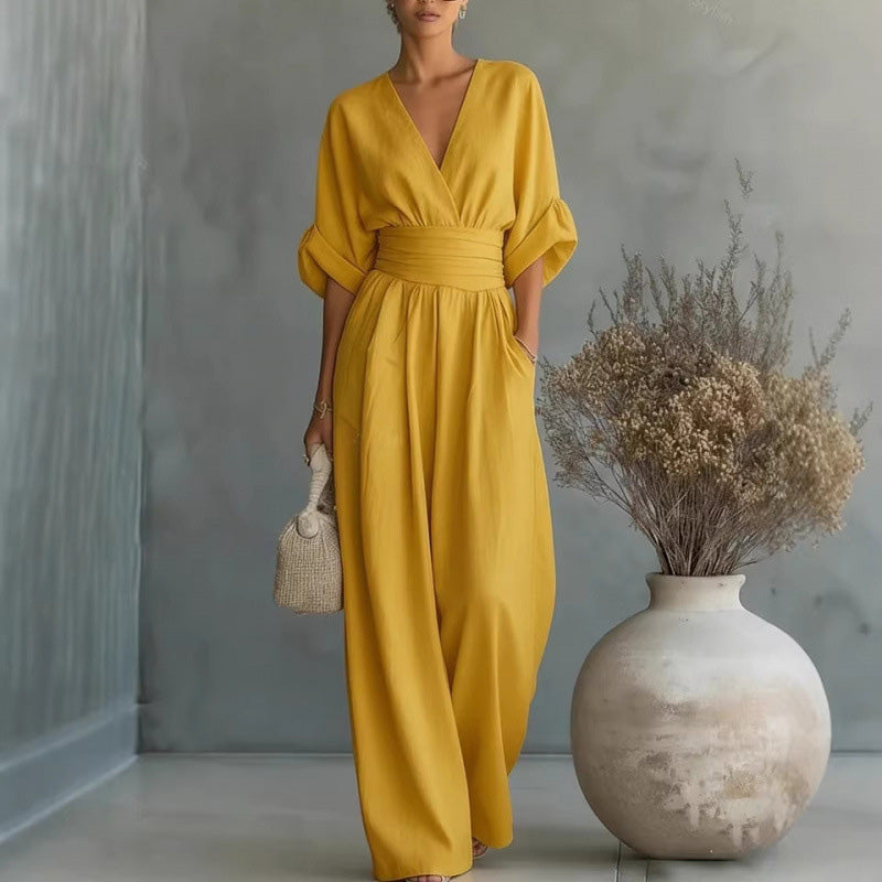 Women's V-Neck High Waist Wide Leg Jumpsuit
