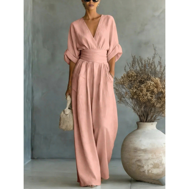 Women's V-Neck High Waist Wide Leg Jumpsuit
