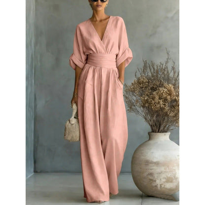 Women's V-Neck High Waist Wide Leg Jumpsuit