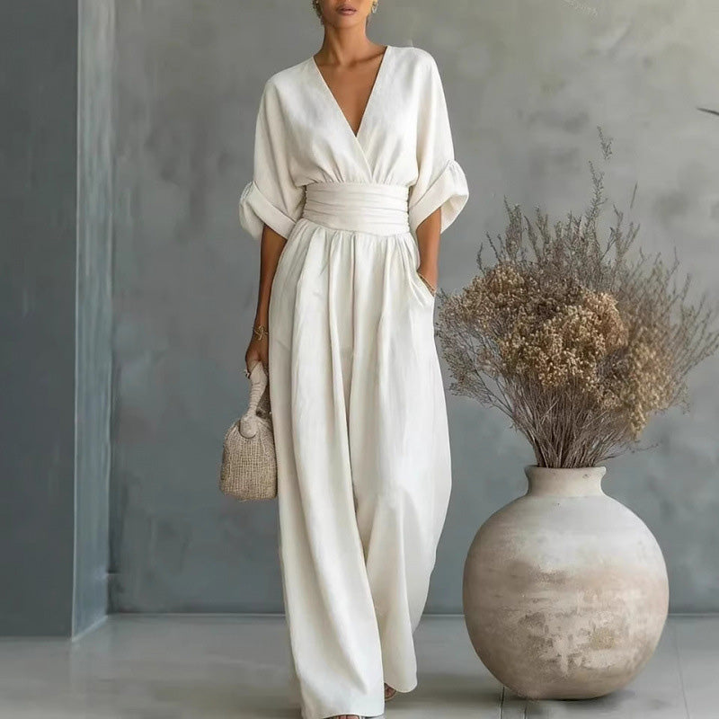Women's V-Neck High Waist Wide Leg Jumpsuit