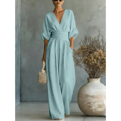Women's V-Neck High Waist Wide Leg Jumpsuit