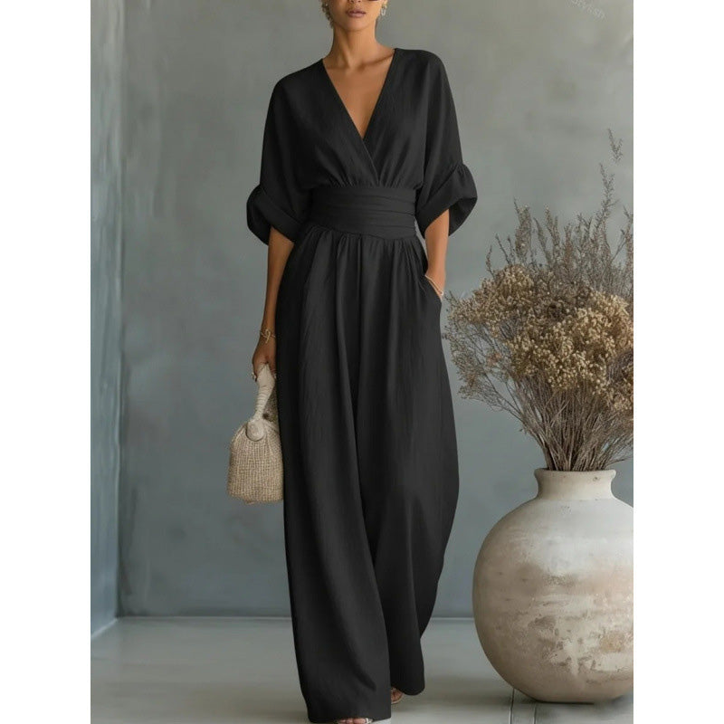 Women's V-Neck High Waist Wide Leg Jumpsuit